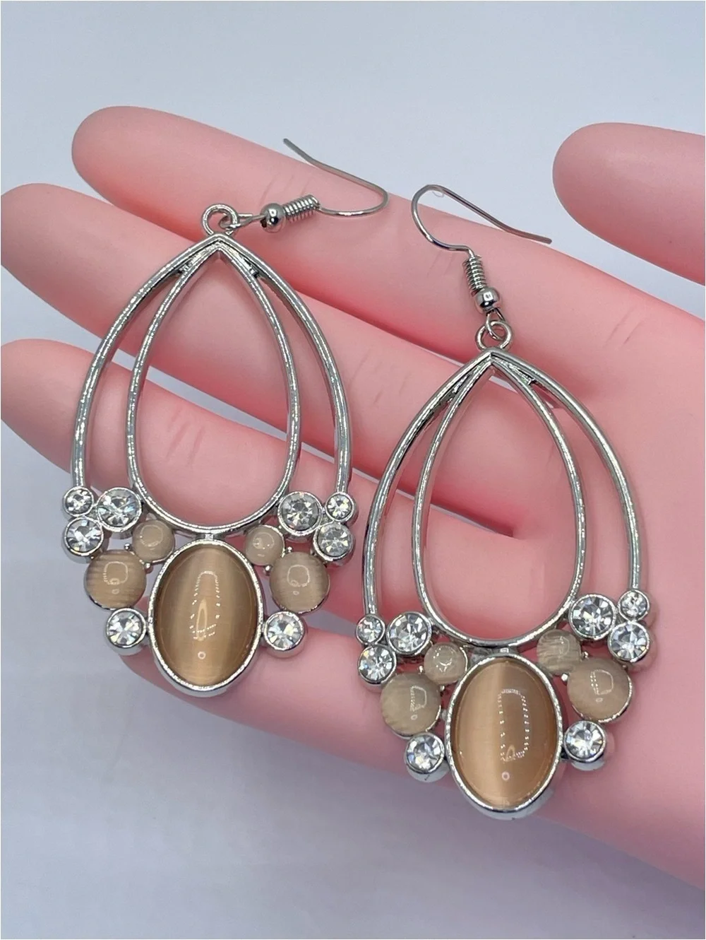 Silver Tone Cat Eye Crystal Teardrop Dangle Earrings Statement